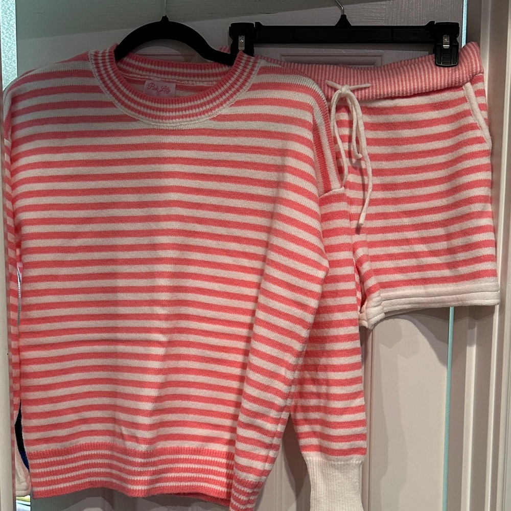 Pink Lily Pink and White Striped Knit Lounge Set